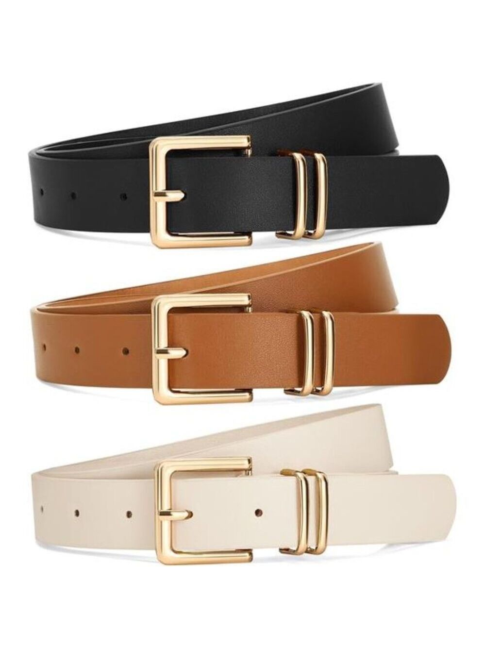 3 Pack Womens Leather Belts Gold Square Buckle Waist Belt Jeans Dresses Pants